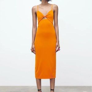 Zara Orange Twist Front Cutout Fitted Midi Dress